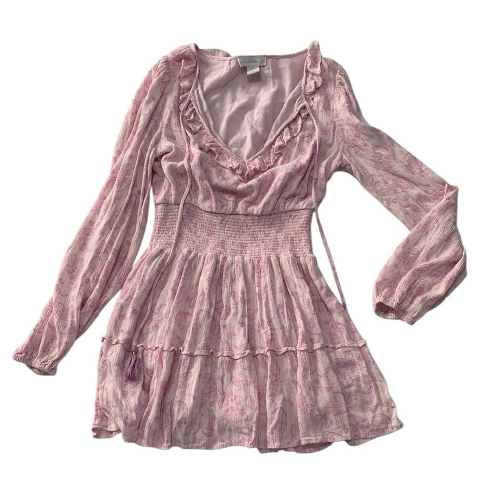 House of Harlow 1960 womens XS pink paisley smocked mini dress puff Ajay v neck